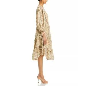 Cupio Midi Dress Women L Tan Gold Geometric Smocked Tiered Boho thumbnail 3