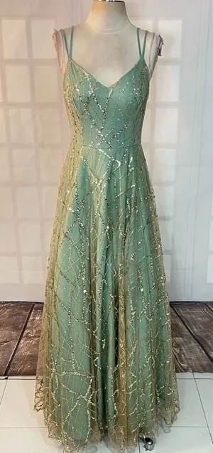 TLC Say Yes to the Prom Green Gold Sequin Glitter Sleeveless Ball Gown Size 9 thumbnail 1