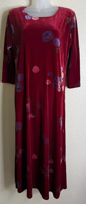 Los Angeles Gal Womens M Maxi Dress‎ Burgundy Velvet Floral 3/4 Sleeve Vintage thumbnail 1