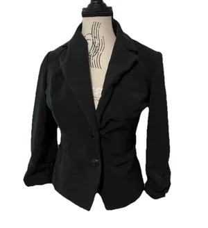 Vintage Y2K Black Blazer Jacket Fitted Ruched Sleeve Office Siren Goth Size 4 thumbnail 3