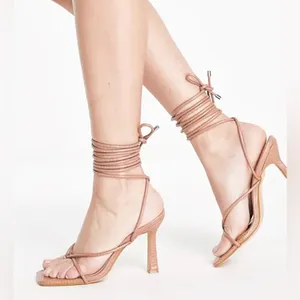 SIMMI LONDON Snake Embossed Cream Square Strappy Lace Up Stiletto Heels Sz 8 thumbnail 1