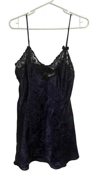 Victoria's Secret Slip Dress Vintage Jacquard Navy Blue Lace Trim Large Coquette thumbnail 1