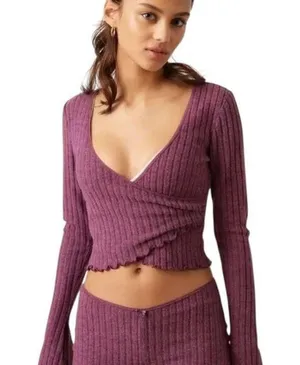 Out From Under Maroon Rib Wrap Crop Top Women Medium Size NWOT | 63-18 thumbnail 7