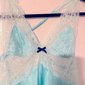 Victoria's Secret 00's vintage aqua silky 100% synthetic lace criss cross back y2k mini slip dress thumbnail 6