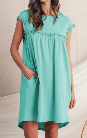 Ruffle Neck Short Sleeve Dress with Pockets Green Size M thumbnail 1