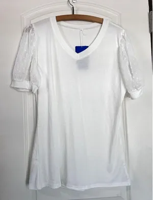 V Neck Short‎ Sleeve Puff Sleeve White Blouse Womans L Casual Loose Shirts thumbnail 1