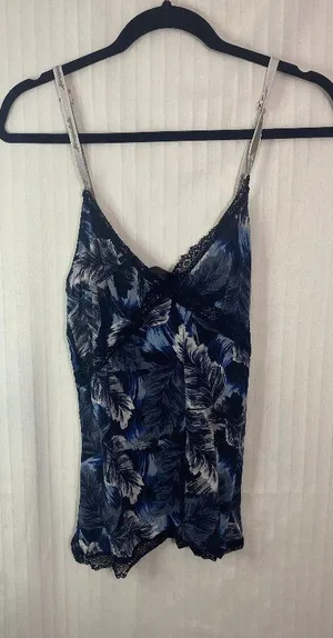Aerie Blue Feather Print Lace Trim Satin Cami Tank Top Women’s Size XXL Sleepwea thumbnail 1