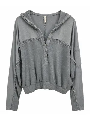 FP Movement by Windy Meadows Washed Gray Frayed Henley Hoodie thumbnail 2