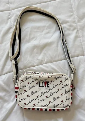 Brighton Love Scroll Canvas‎ Crossbody Bag Purse White Red Black Hearts thumbnail 1