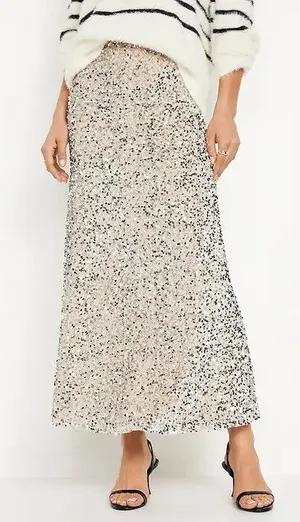 NWT Old Navy Champagne Silver Sequin A-line Lined Maxi Skirt Size Medium thumbnail 1