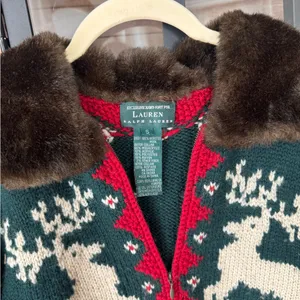 Vintage Ralph Lauren Hand Knit Wool Fur Collar Reindeer Christmas Sweater zipup thumbnail 2