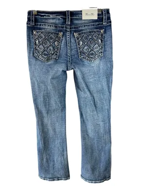 Miss Me Low Rise Boot Embroidered Back Pocket Blingy Jeans Size 27 Medium Wash thumbnail 5
