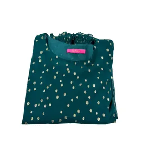 Lilly Pulitzer Green Silk Gold Metallic Polka Dot Smocked Cuff Blouse Top 07109 thumbnail 4
