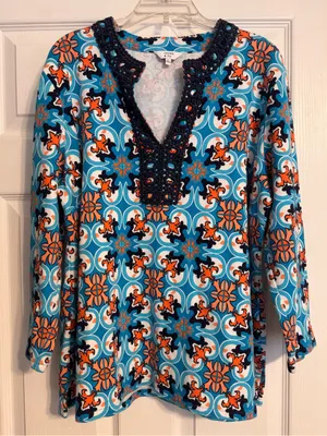 Crown & Ivy Teal Navy Orange Medallion Crochet Trim V-neck 3/4 Sleeve Blouse XL thumbnail 1