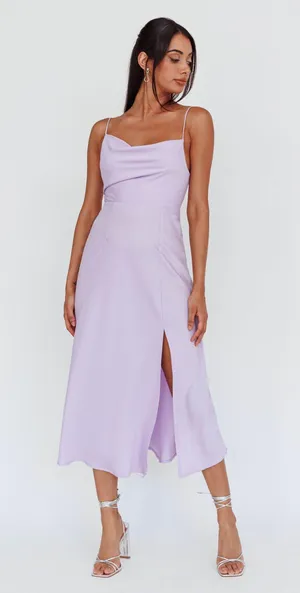 Selfie Leslie Lilac Suki Spaghetti Strap Cowl Neck Front Split Midi Dress thumbnail 1