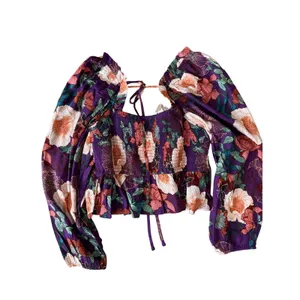 Band of the Free Floriane Boho Girly Floral Long Sleeve Crop Blouse Purple M thumbnail 4