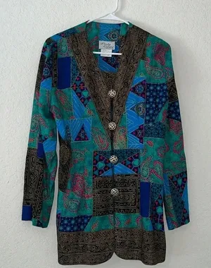 Vintage Boho Eclectic Patchwork Print Blazer Ornate Button Jacket Size 10 artsy Blue thumbnail 1