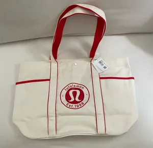 Lululemon NWT Daily Multi Pocket Canvas Tote Bag 20L Cream Red Trim thumbnail 1