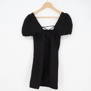 Zara Black Puff Sleeve Lace Up Back Mini Dress Square Neck Linen Blend Size M thumbnail 4