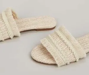 Fringe Straw Boho Sandals Open Toe Slides White Size 6 thumbnail 2