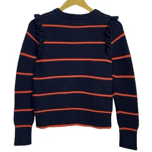Banana Republic Chunky Knit Crewneck Sweater Size M Navy Striped Ruffle Preppy thumbnail 3