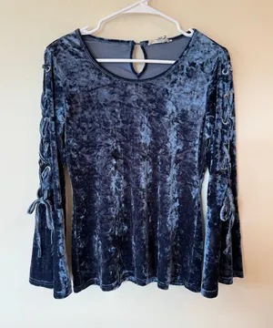 Liquid by Sioni Velvet Top Women Small Blue Stretch Tie Bell Sleeve Keyhole Back thumbnail 1