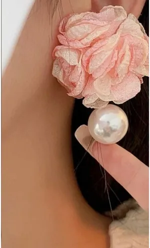 Pink flower earrings with pearl thumbnail 1