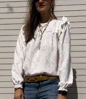 LOFT Ivory Paisley Ruffle Shoulder Top Sz XS NWT thumbnail 1