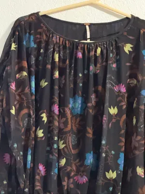 Free People Black Wildflower Floral Print Mesh Blouse Shirt Size S oversized thumbnail 4