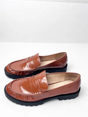 LOFT Brown Faux Leather Slip On Penny Loafers Size 9.5M Preppy Casual Minimalist thumbnail 5