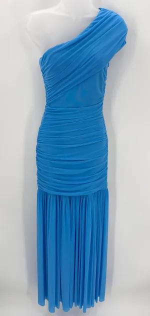Formal Bodycon Dress Women’s S Blue Ruched Mesh One Shoulder Maxi-LAGSHIAN Brand thumbnail 1