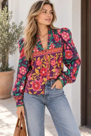Alden Adair Oliver Top Medieval Floral Ruffle Neck Puff Sleeve Blouse XS thumbnail 1