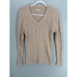 Croft & Barrow Womens Sweater Tan Beige Cable Knit V-Neck Cotton Medium thumbnail 2