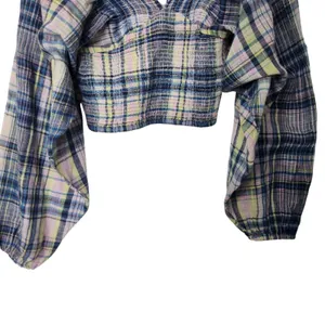 Free People Multicolor Smocked V-Neck Long Sleeve Marlena Plaid Crop Top Size XS thumbnail 5