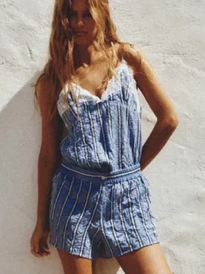 NWT Zara Wrinkle effect short striped Lace trim jumpsuit. Size Small‎ thumbnail 1