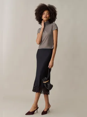 NWT Few Moda Evren Silk Skirt Size Medium M Lace trim midi Black o.p.t theory thumbnail 2