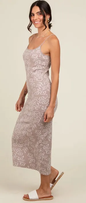 PinkBlush Beige Floral Knit Fitted Maternity Midi Dress thumbnail 1