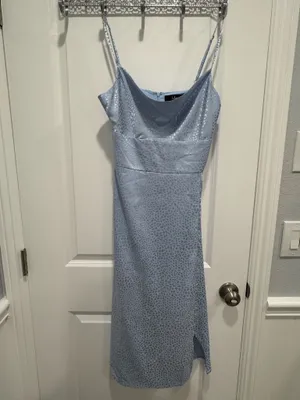 Lulus Light Blue Jacquard Animal Print Cowl Neck Midi Dress Small thumbnail 3