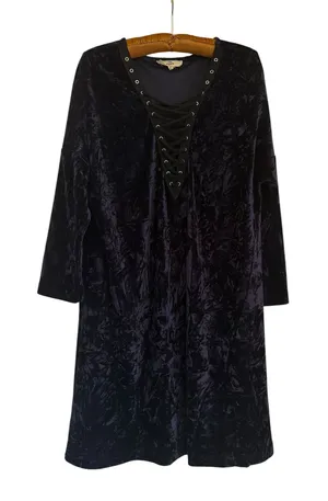 Entro Navy Crushed Velvet Lace Mini Dress Sz L‎ Festival Whimsigoth Renaissance thumbnail 1