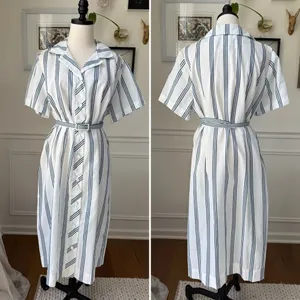 Vintage 70s British Lady House Dress White Blue Stripe 22 2X 3X thumbnail 2