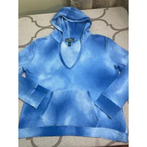Lauren Active Ralph Lauren Waffle Knit V-Neck Hoodie Blue Tie Dye Sweatshirt XL thumbnail 9