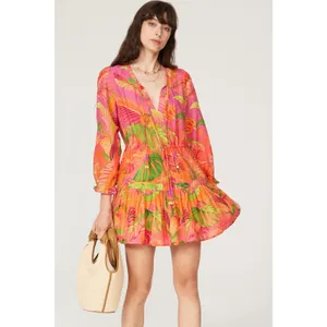 FARM RIO Pink Orange Floral Cotton A-Line Tie Waist Ombre Forest Mini Dress S thumbnail 2