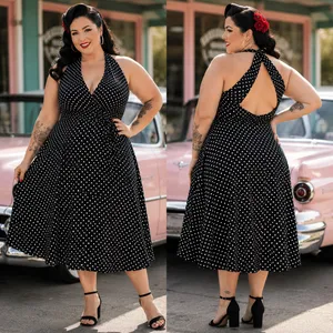 Melanie Lyne Polka Dot Halter Dress Sz 16 Pinup Black Open Back Rockabilly Retro thumbnail 2