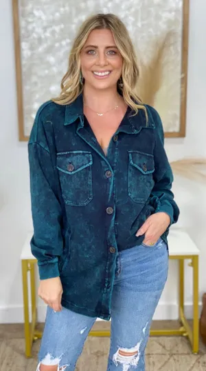 Zenana Solid Mineral Washed Shacket Size L (PTP 23” approx.) Teal thumbnail 1