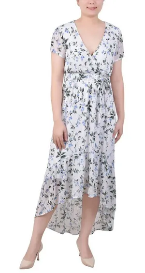 NWT Ny Collection Petite Short Sleeve High Low Hem Chiffon Dress Blue Floral PL thumbnail 1
