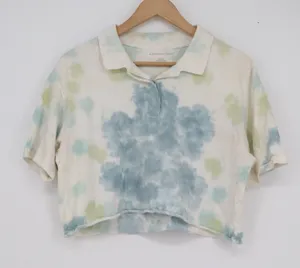 American Eagle Womens Small Blue Green Tie Dye Cropped Polo Shirt Raw Hem Cotton thumbnail 1