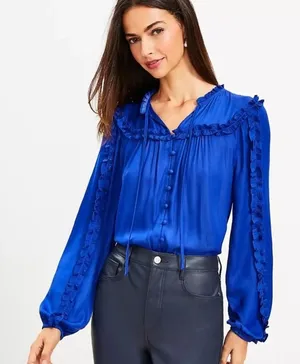 Loft Ruffle Trim Tie Neck Button Up‎ Blouse Long Sleeve Lapis Blue Small thumbnail 1