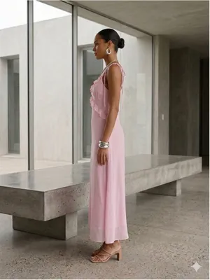 Cider Pink Ruffle Maxi Dress Chiffon Cottagecore Coquette Tie Shoulder Size XL thumbnail 2