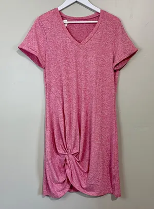 Women’s V Neck Side Gather Short Sleeve Casual Midi Dress Heathered Pink NWOT thumbnail 1