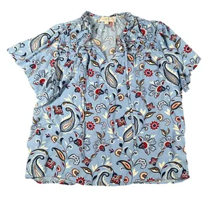 LOFT Womens M Light Blue‎ Paisley Ruched Ruffle Tie Neck Top Blouse Lightweight thumbnail 1